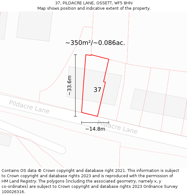 37, PILDACRE LANE, OSSETT, WF5 8HN: Plot and title map