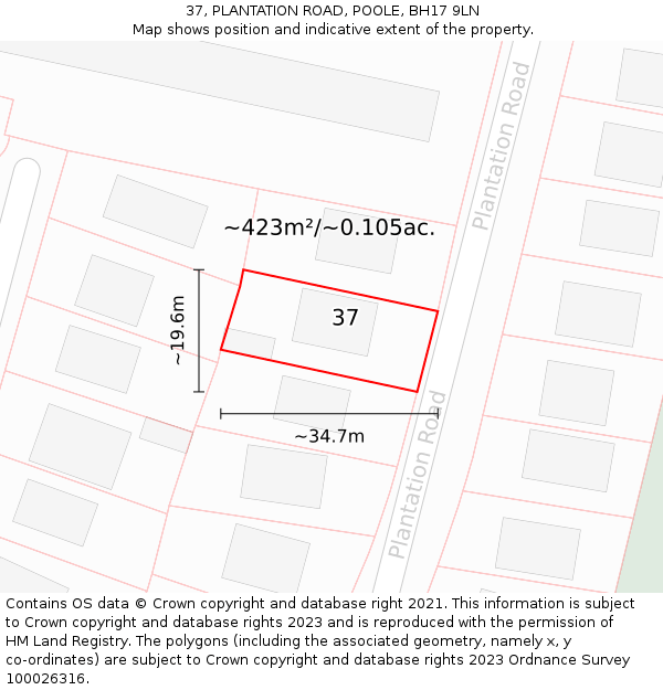 37, PLANTATION ROAD, POOLE, BH17 9LN: Plot and title map