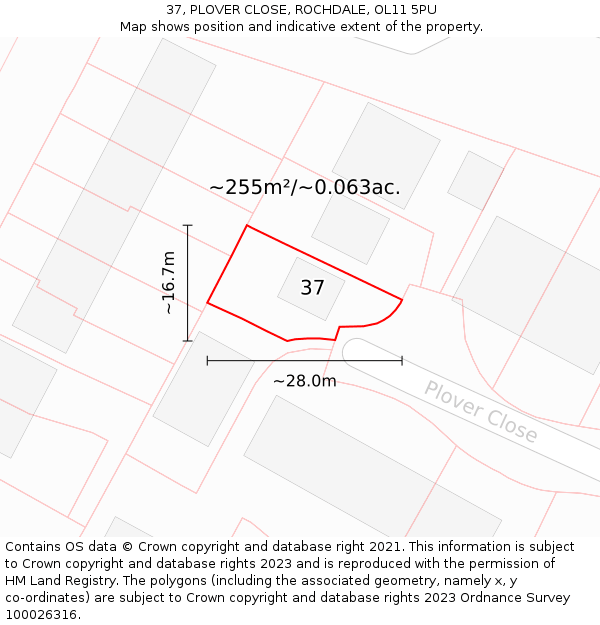 37, PLOVER CLOSE, ROCHDALE, OL11 5PU: Plot and title map