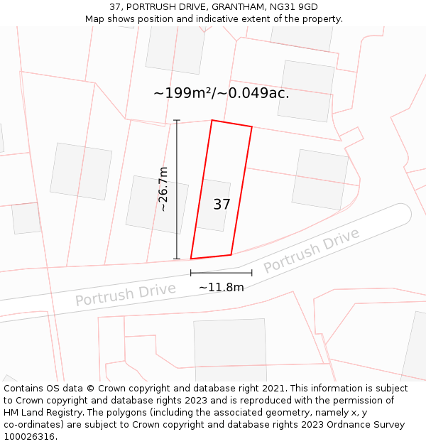 37, PORTRUSH DRIVE, GRANTHAM, NG31 9GD: Plot and title map