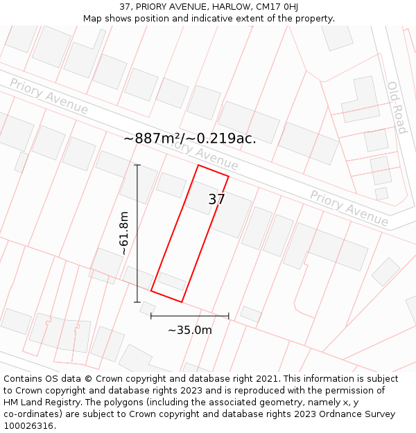 37, PRIORY AVENUE, HARLOW, CM17 0HJ: Plot and title map