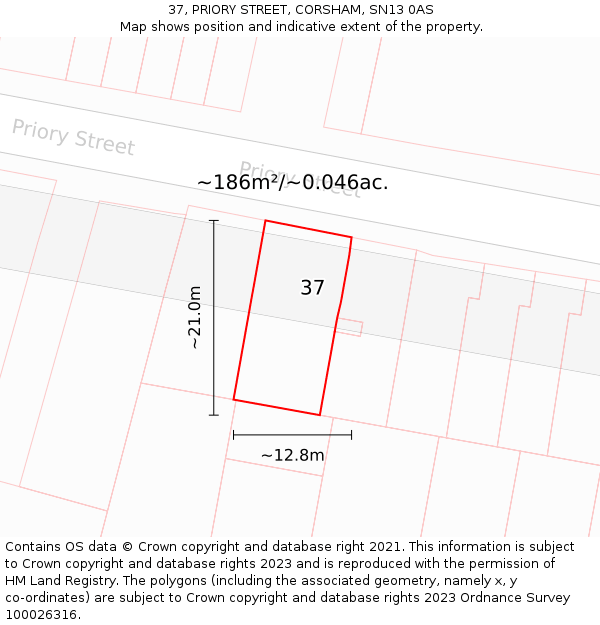 37, PRIORY STREET, CORSHAM, SN13 0AS: Plot and title map