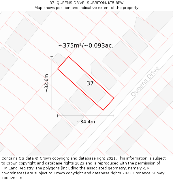 37, QUEENS DRIVE, SURBITON, KT5 8PW: Plot and title map