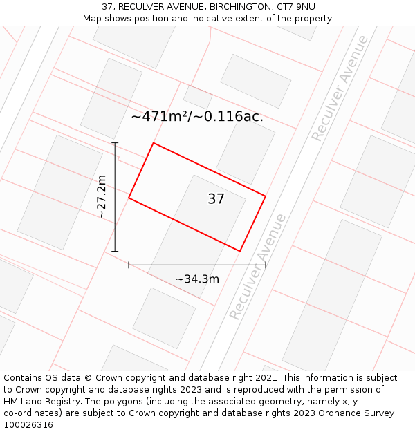 37, RECULVER AVENUE, BIRCHINGTON, CT7 9NU: Plot and title map