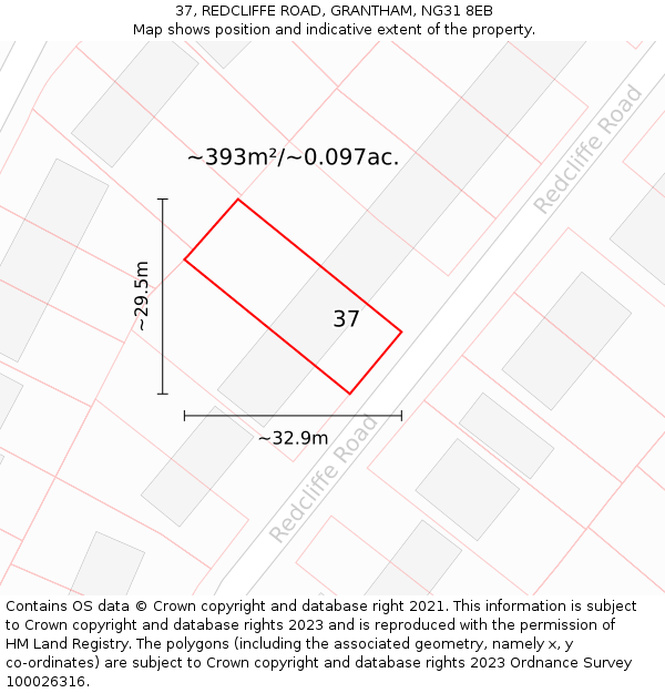 37, REDCLIFFE ROAD, GRANTHAM, NG31 8EB: Plot and title map