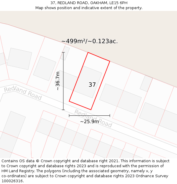 37, REDLAND ROAD, OAKHAM, LE15 6PH: Plot and title map