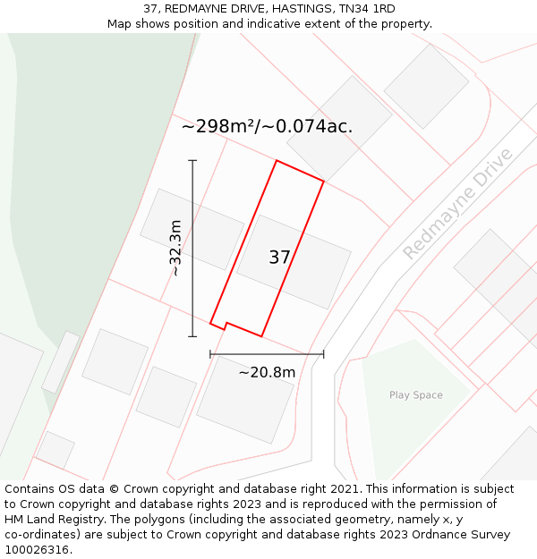 37, REDMAYNE DRIVE, HASTINGS, TN34 1RD: Plot and title map