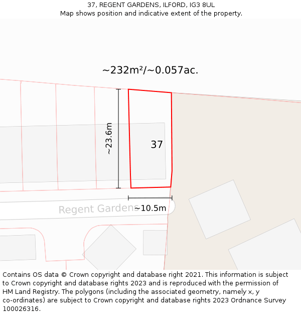 37, REGENT GARDENS, ILFORD, IG3 8UL: Plot and title map