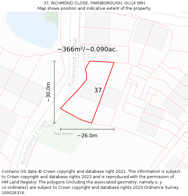 37, RICHMOND CLOSE, FARNBOROUGH, GU14 0RH: Plot and title map