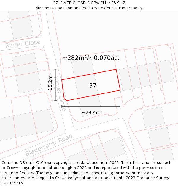 37, RIMER CLOSE, NORWICH, NR5 9HZ: Plot and title map