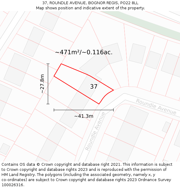 37, ROUNDLE AVENUE, BOGNOR REGIS, PO22 8LL: Plot and title map