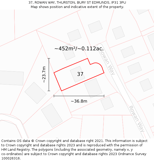 37, ROWAN WAY, THURSTON, BURY ST EDMUNDS, IP31 3PU: Plot and title map