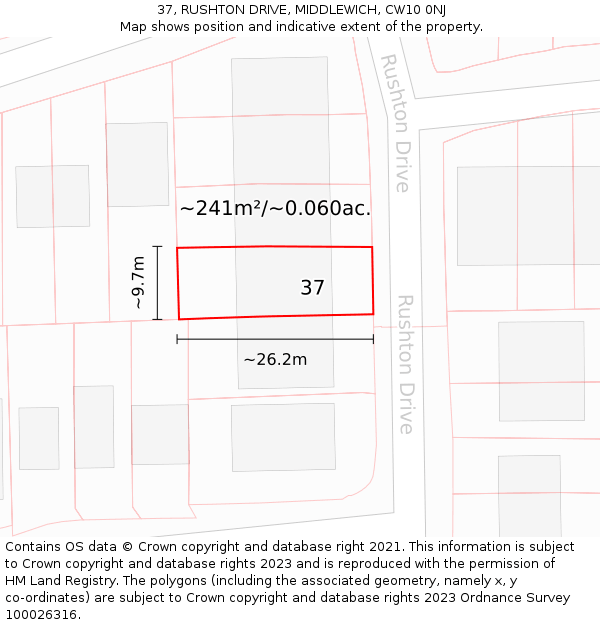 37, RUSHTON DRIVE, MIDDLEWICH, CW10 0NJ: Plot and title map