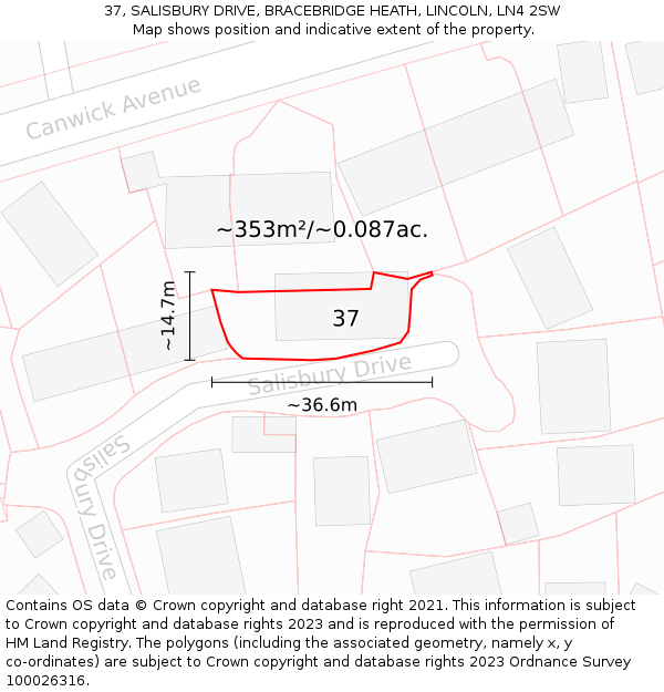 37, SALISBURY DRIVE, BRACEBRIDGE HEATH, LINCOLN, LN4 2SW: Plot and title map
