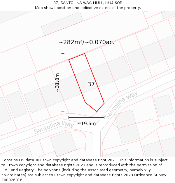 37, SANTOLINA WAY, HULL, HU4 6QP: Plot and title map