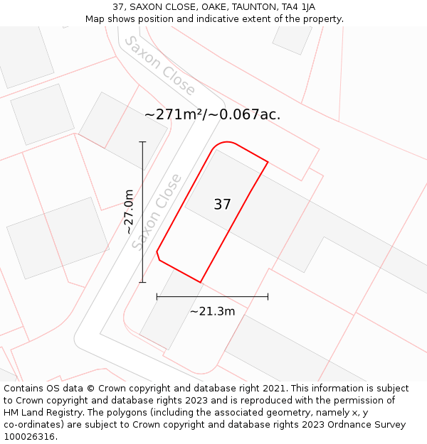 37, SAXON CLOSE, OAKE, TAUNTON, TA4 1JA: Plot and title map
