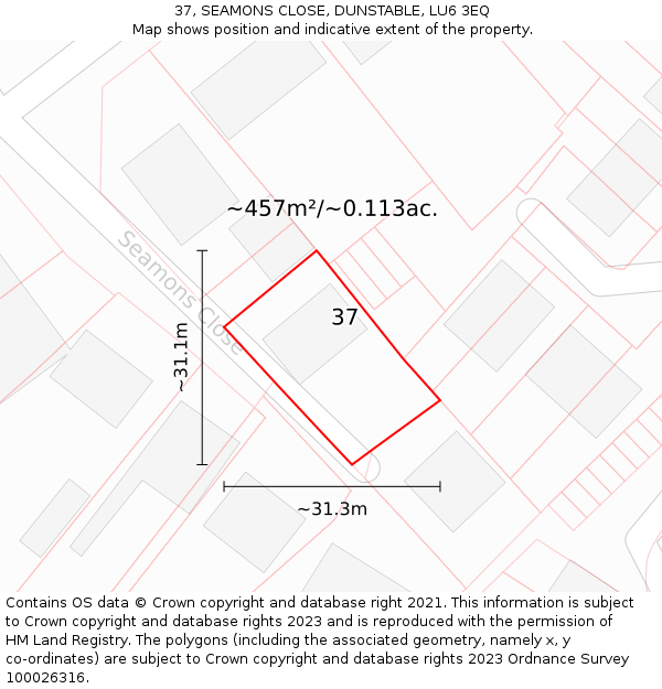 37, SEAMONS CLOSE, DUNSTABLE, LU6 3EQ: Plot and title map