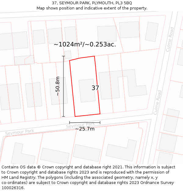 37, SEYMOUR PARK, PLYMOUTH, PL3 5BQ: Plot and title map