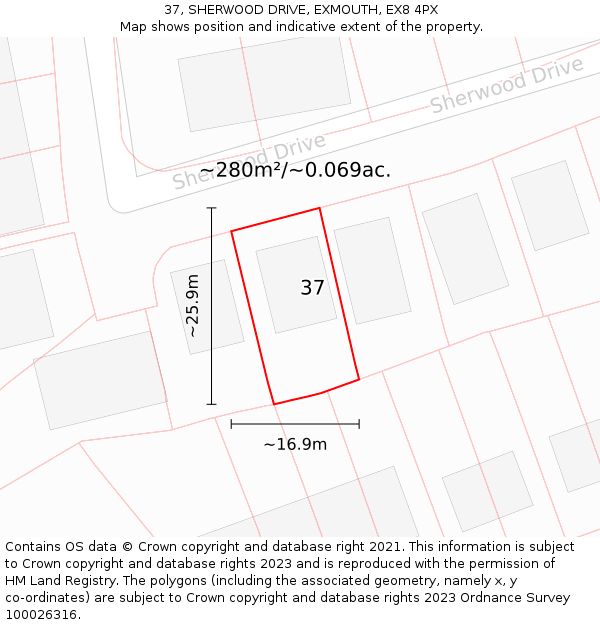 37, SHERWOOD DRIVE, EXMOUTH, EX8 4PX: Plot and title map