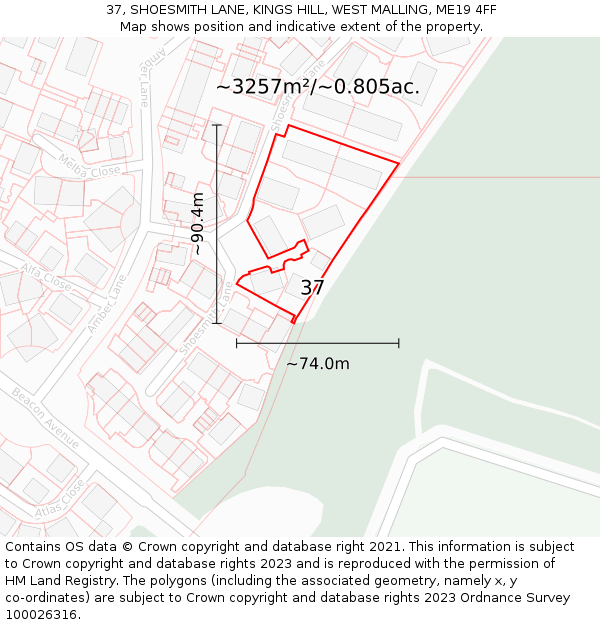 37, SHOESMITH LANE, KINGS HILL, WEST MALLING, ME19 4FF: Plot and title map