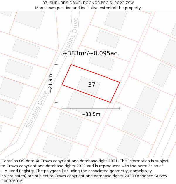 37, SHRUBBS DRIVE, BOGNOR REGIS, PO22 7SW: Plot and title map