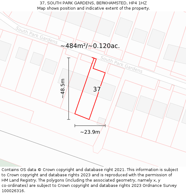 37, SOUTH PARK GARDENS, BERKHAMSTED, HP4 1HZ: Plot and title map