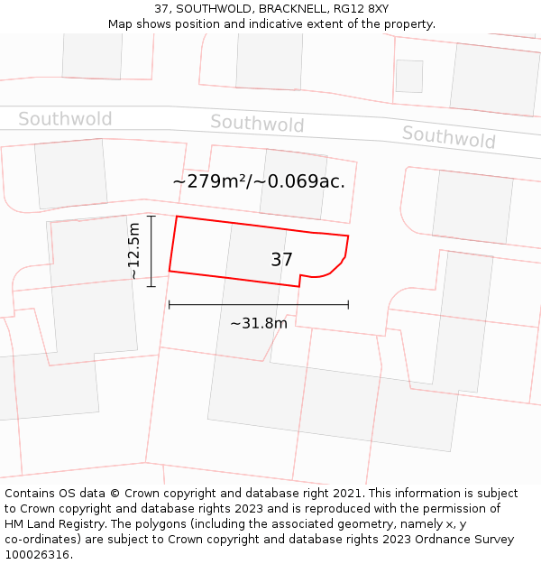 37, SOUTHWOLD, BRACKNELL, RG12 8XY: Plot and title map