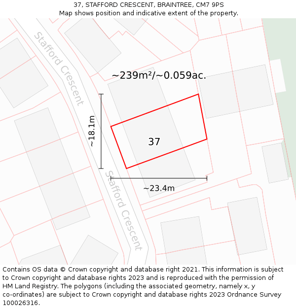 37, STAFFORD CRESCENT, BRAINTREE, CM7 9PS: Plot and title map