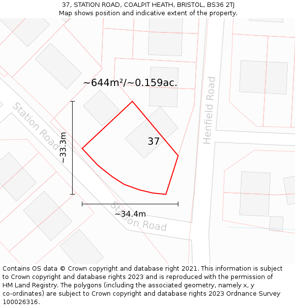 37, STATION ROAD, COALPIT HEATH, BRISTOL, BS36 2TJ: Plot and title map