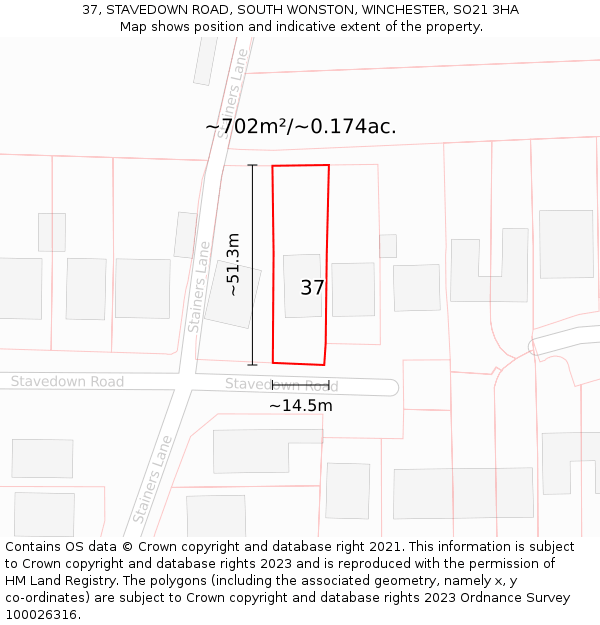 37, STAVEDOWN ROAD, SOUTH WONSTON, WINCHESTER, SO21 3HA: Plot and title map
