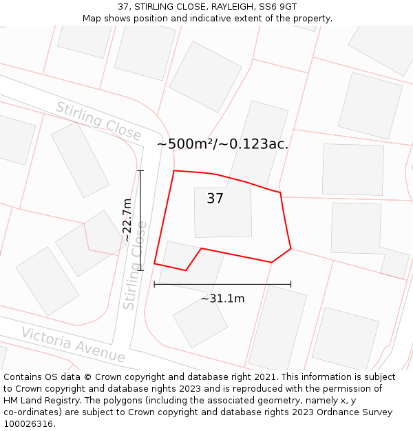 37, STIRLING CLOSE, RAYLEIGH, SS6 9GT: Plot and title map