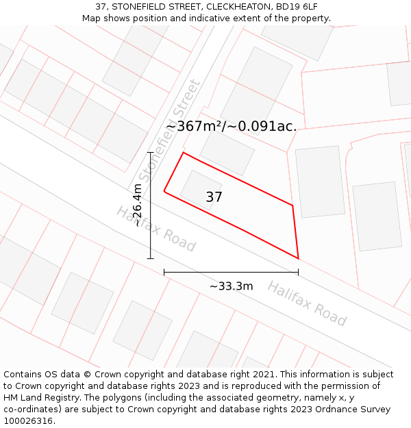 37, STONEFIELD STREET, CLECKHEATON, BD19 6LF: Plot and title map