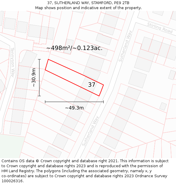 37, SUTHERLAND WAY, STAMFORD, PE9 2TB: Plot and title map