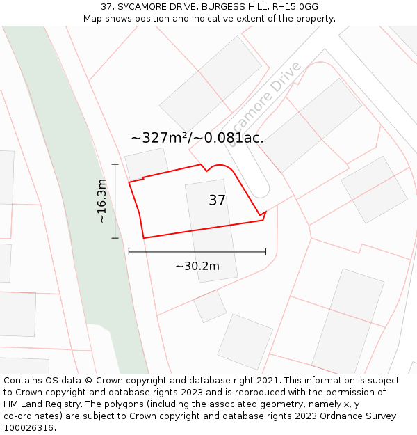 37, SYCAMORE DRIVE, BURGESS HILL, RH15 0GG: Plot and title map