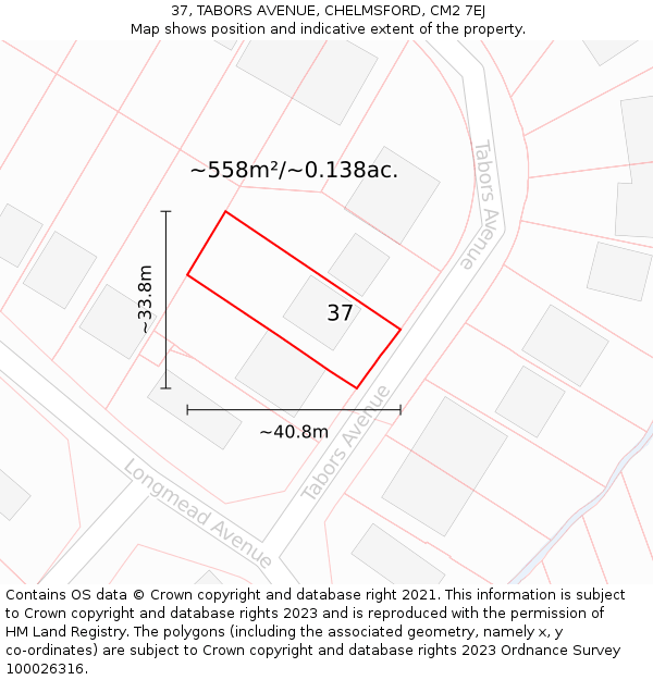 37, TABORS AVENUE, CHELMSFORD, CM2 7EJ: Plot and title map