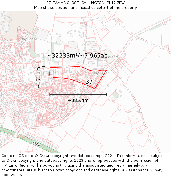 37, TAMAR CLOSE, CALLINGTON, PL17 7PW: Plot and title map