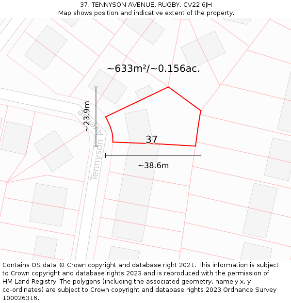 37, TENNYSON AVENUE, RUGBY, CV22 6JH: Plot and title map