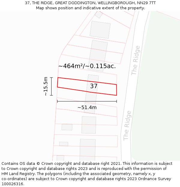 37, THE RIDGE, GREAT DODDINGTON, WELLINGBOROUGH, NN29 7TT: Plot and title map