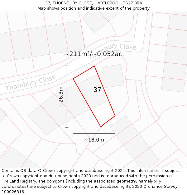 37, THORNBURY CLOSE, HARTLEPOOL, TS27 3RA: Plot and title map