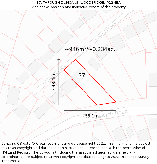 37, THROUGH DUNCANS, WOODBRIDGE, IP12 4EA: Plot and title map