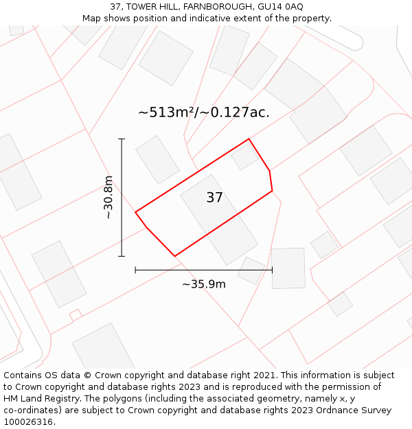 37, TOWER HILL, FARNBOROUGH, GU14 0AQ: Plot and title map