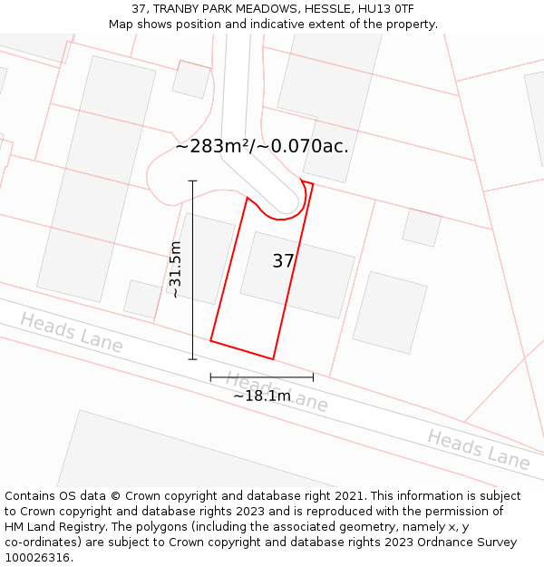 37, TRANBY PARK MEADOWS, HESSLE, HU13 0TF: Plot and title map