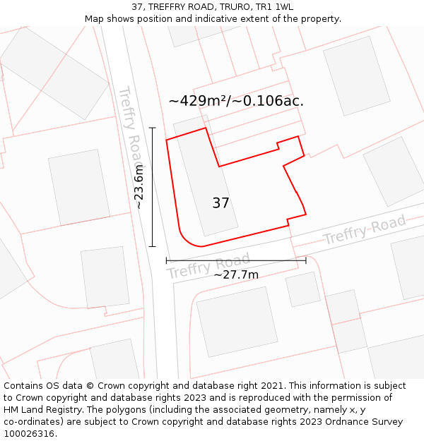 37, TREFFRY ROAD, TRURO, TR1 1WL: Plot and title map