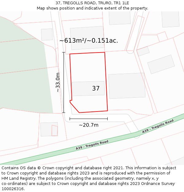 37, TREGOLLS ROAD, TRURO, TR1 1LE: Plot and title map