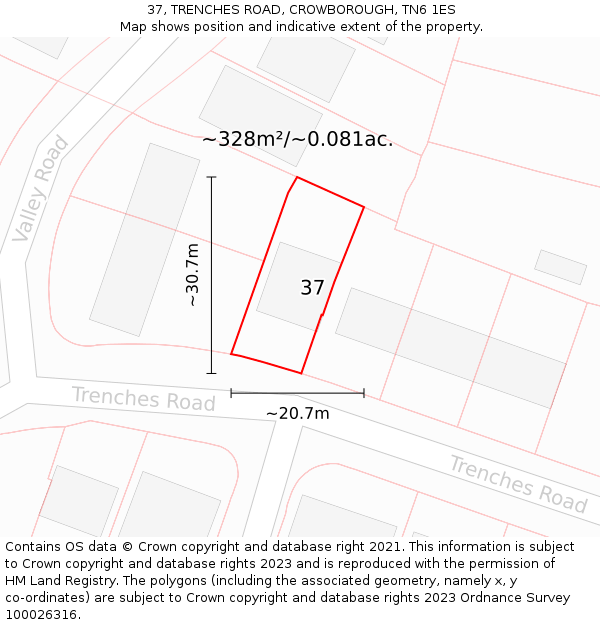 37, TRENCHES ROAD, CROWBOROUGH, TN6 1ES: Plot and title map