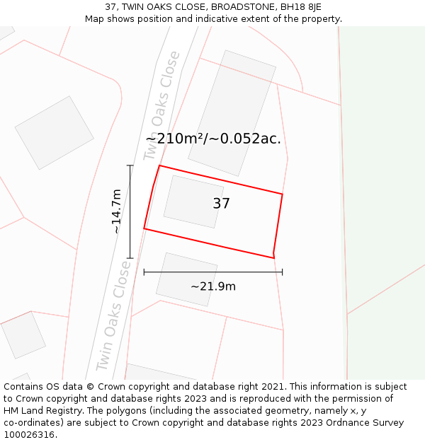 37, TWIN OAKS CLOSE, BROADSTONE, BH18 8JE: Plot and title map