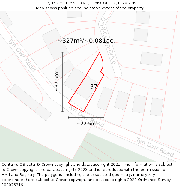 37, TYN Y CELYN DRIVE, LLANGOLLEN, LL20 7PN: Plot and title map