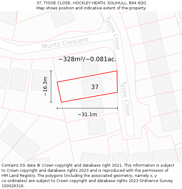 37, TYSOE CLOSE, HOCKLEY HEATH, SOLIHULL, B94 6QG: Plot and title map