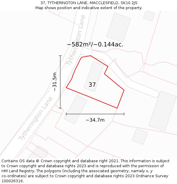 37, TYTHERINGTON LANE, MACCLESFIELD, SK10 2JS: Plot and title map