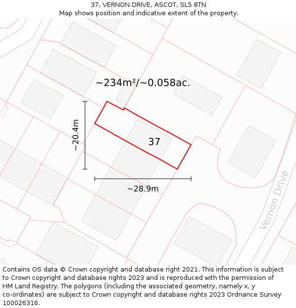 37, VERNON DRIVE, ASCOT, SL5 8TN: Plot and title map